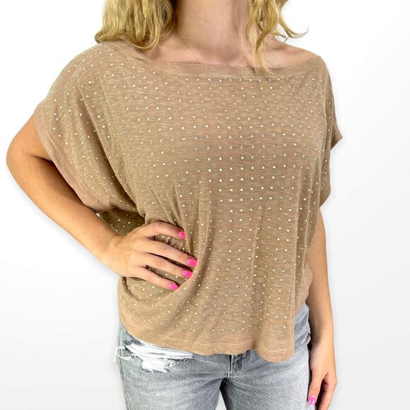 00s WESSEX Vintage Brown Jewel Embellished Off Shoulder Short Dolman Sleeve Top - Picture 7 of 7